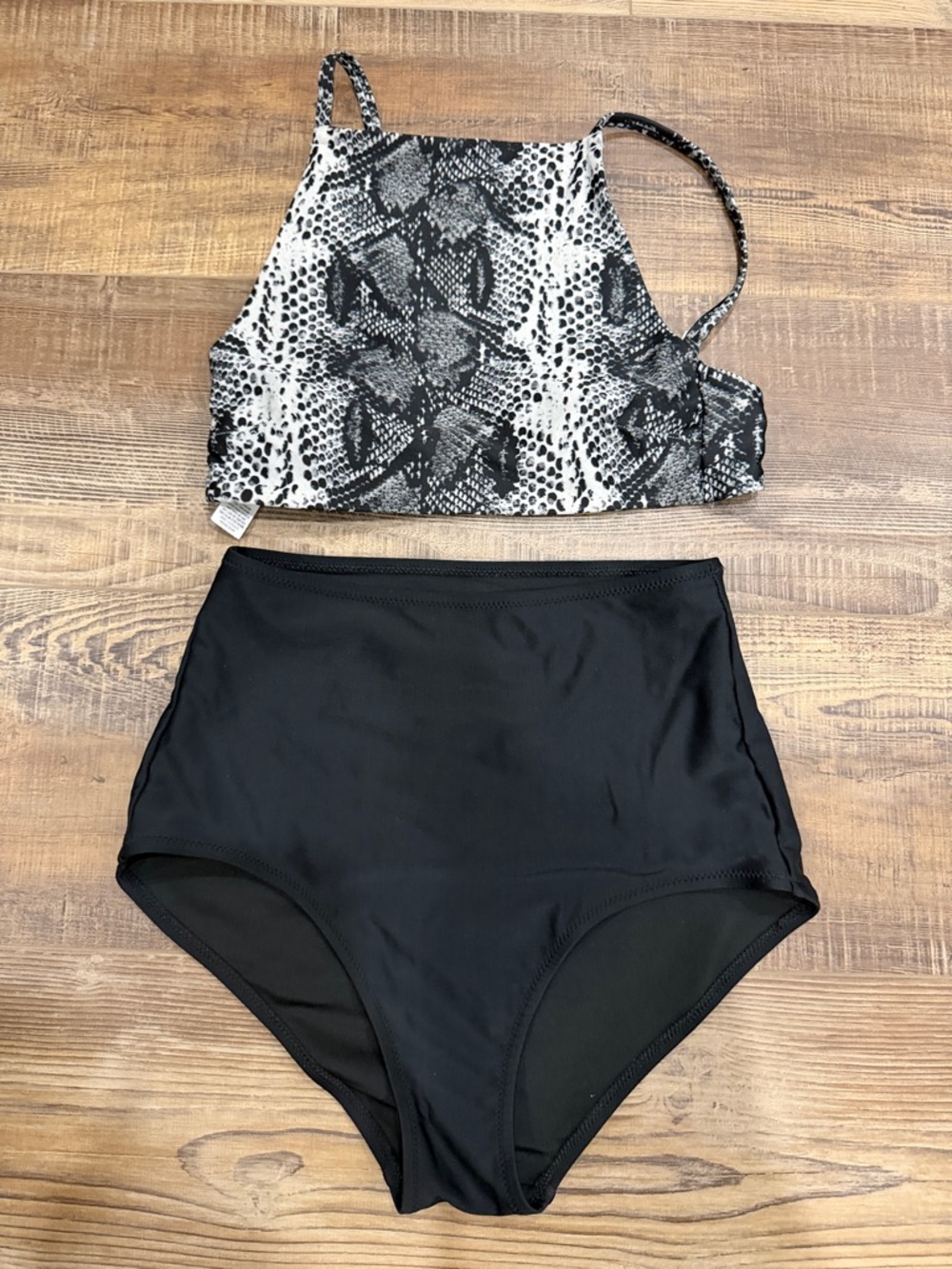 aerie Black High-Waist Bikini Bottom with Snake-Print Top size xsmall